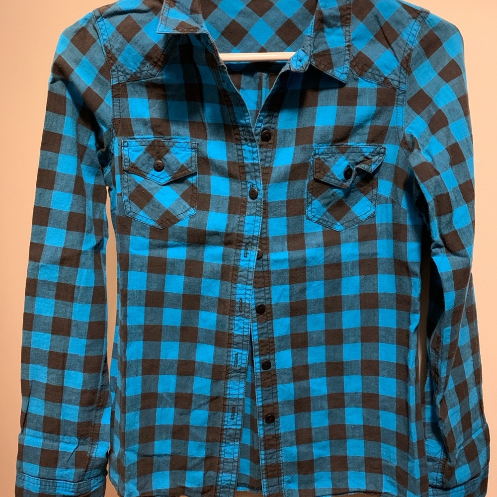 Bold Blue and Black Plaid Button Down Shirt